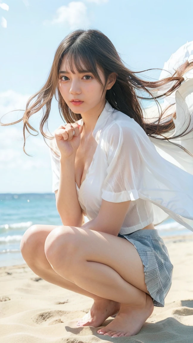 (((Top-down configuration:1.33)))、((No underwear:1.55))、One Girl、Beautiful and detailed eyes and face、barefoot、20 year old cute Japan woman, ((Extremely precise and accurate anatomy:1.0)), (photo Realistic:1.4), (hyper Realistic:1.4), (最高品質のRealisticな肌の質感:1.4), (Improvement of quality:1.4), (Enhances the beauty of skin texture:1.1), Clean and glowing skin, mesh, thin:1.2, (Realistic:1.3), Realisticなライティング, (Smoother lighting:1.05), (Improving the quality of cinema lighting:0.9), Backlight, A gentle light on your face, Ray Tracing, (Bright light:1.2), 32K, One Japanese woman, fine grain, Detailed face, (Film Grain:1.1),(Accentuates body lines:1.1), High resolution, Natural look, Kind eyes, Improves hair quality, Delicate light and shadow, Transparent muscles, Graceful pose, Beautiful Eyes, Sharp details, Soft light reflection, Beautiful contours, Delicate skin tone, Fine hair texture, Natural background, (((sunny day、Beach、A strong wind is blowing、Her hair and skirt are flying、Squat, Open shirt、Pleated skirt、Scooping seawater with hands:1.25、splash、Sandy Beach、Light of the sun、clear blue sea、The waves crash quietly、Blue sky and white clouds、Green Mountain々、Beautiful Nature、The joys of youth)))、