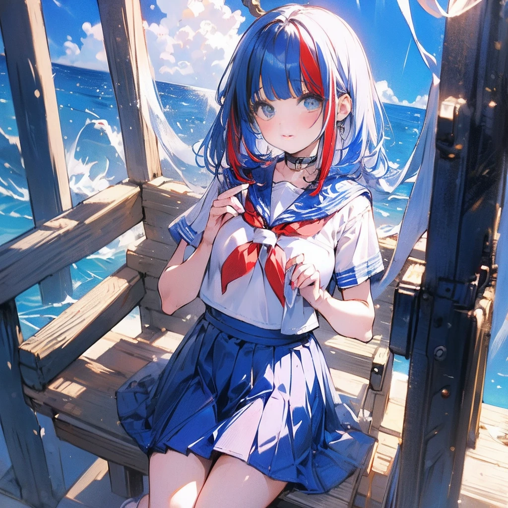 masterpiece++, Best Quality++, ultra-definition++, ultra-definition++, rey tracing, 4K or more++, 8K or more++, Slight details, (Background Focus )++,Young woman with golden laurel wreath, (((Ultramarine hair))), (((White dip dyed hair))), (((red streaked hair))),sailor,Sailor collar,White shirt, skirt by the,anchor,