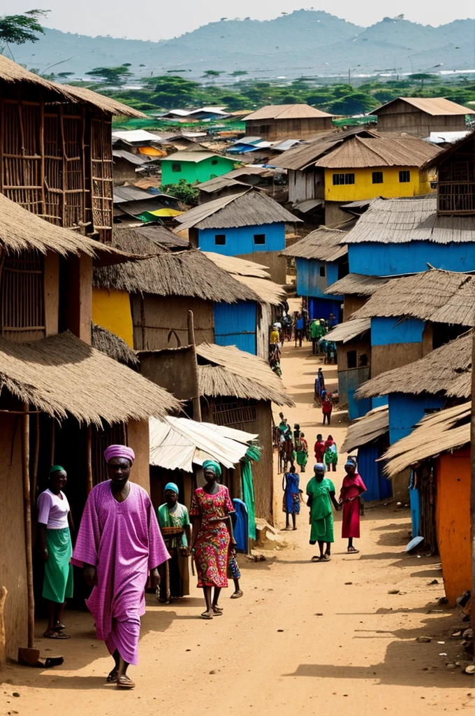 A vibrant Nigerian village with traditional huts and colorful markets, filled with activity and life. Looks,Style and attire should be Nigerian