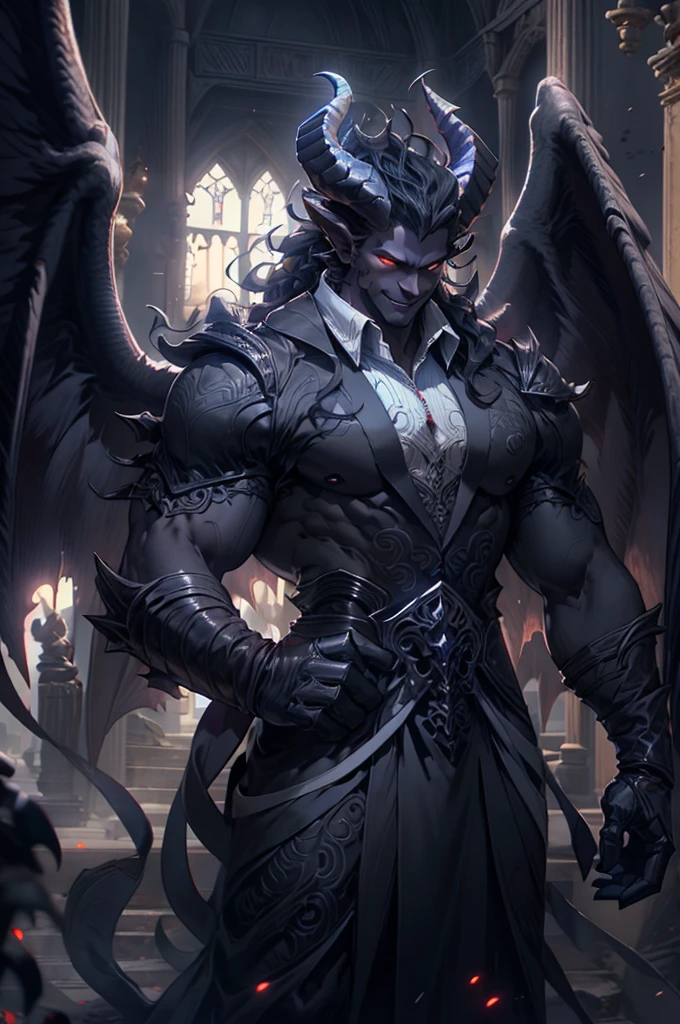 a gray-skinned demon, 3 meters tall, dressed in semi-formal clothing, gloves, broken angel wings, ****white eyes**** and a charming smile, long semi-wavy black hair which is tied up in a bun