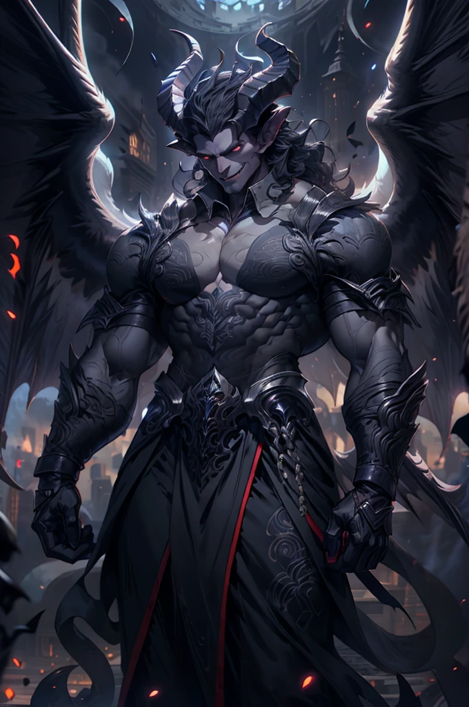 a gray-skinned demon, 3 meters tall, dressed in semi-formal clothing, gloves, broken angel wings, ****white eyes**** and a charming smile, long semi-wavy black hair which is tied up in a bun