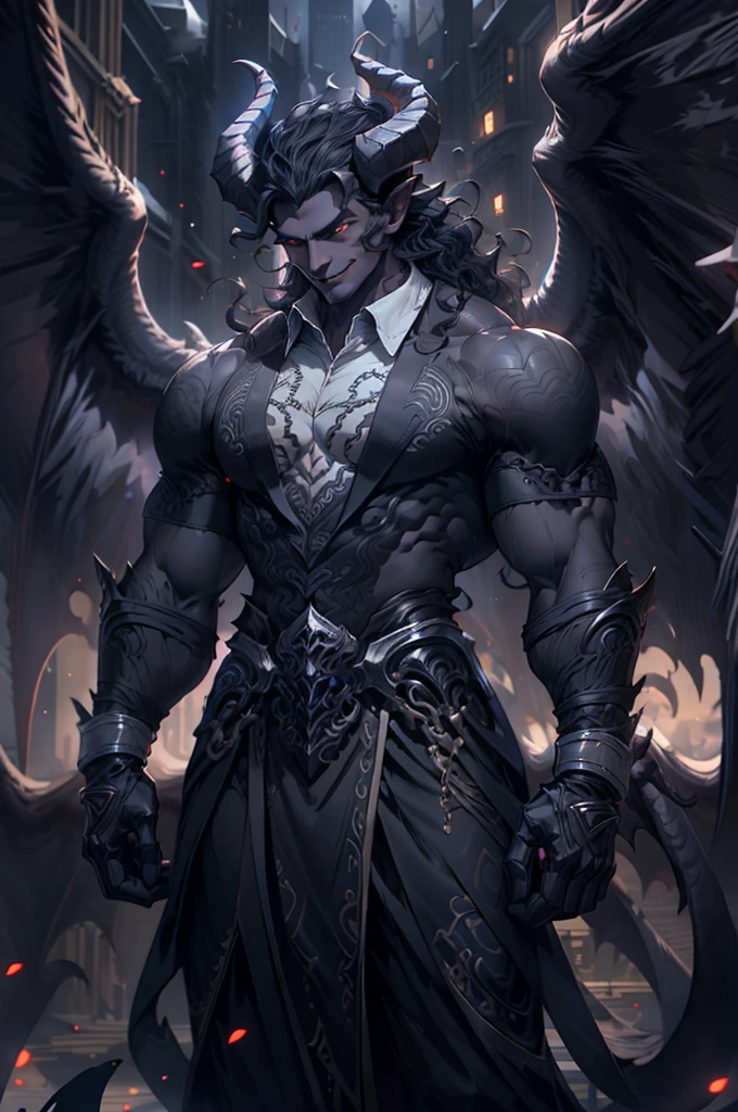 a gray-skinned demon, 3 meters tall, dressed in semi-formal clothing, gloves, broken angel wings, ****white eyes**** and a charming smile, long semi-wavy black hair which is tied up in a bun