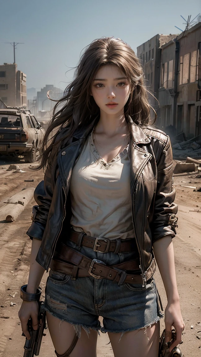((masterpiece, highest quality, Highest image quality, High resolution, photorealistic, Raw photo, 8K)), ((Extremely detailed CG unified 8k wallpaper)), Post-Apocalyptic Wasteland, The world of Mad Max, she wears a leather jacket over his bare skin and holds a shotgun, adderskin eye patch, Collapsed buildings are being swallowed by the desert, Ruins hazed with dust and sand, 
