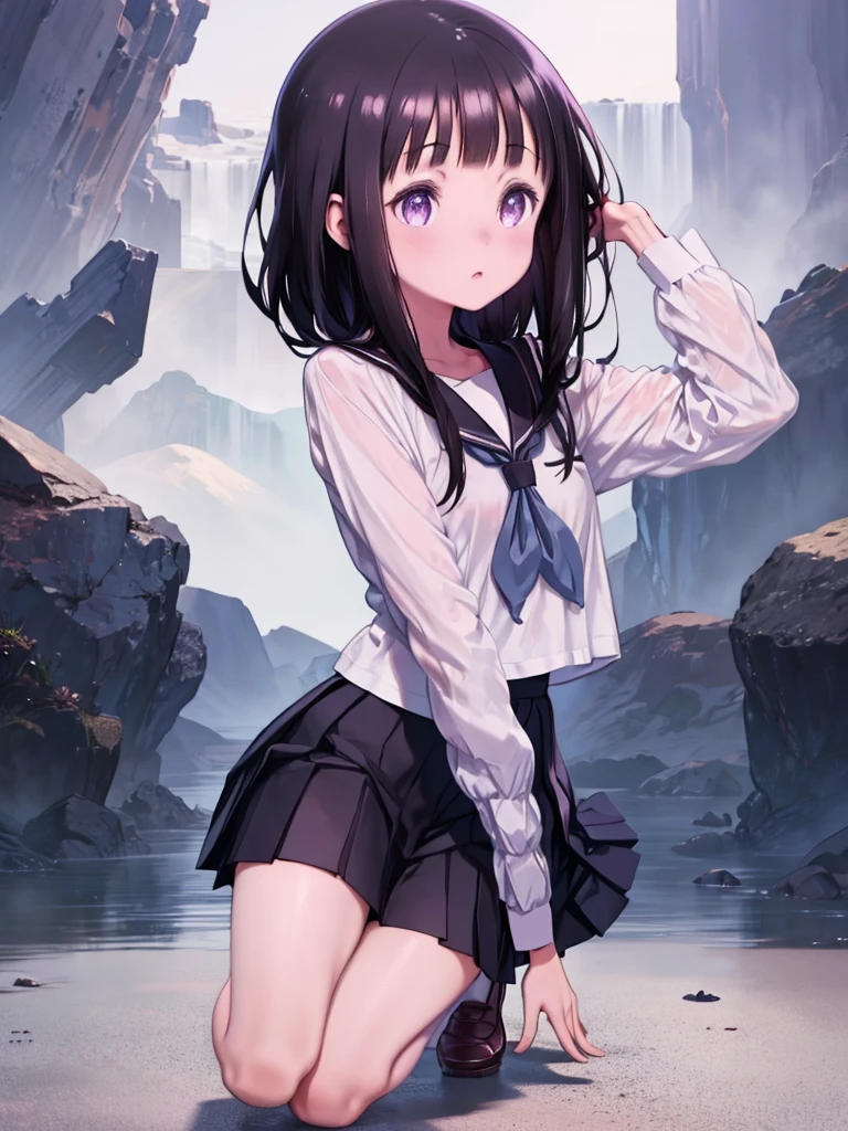 1girl, chitanda eru, long hair, black hair, , purple eyes, white shirt, white socks, pleated skirt, bangs, black sailor collar, neckerchief, black skirt, long sleeves