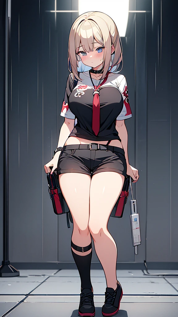 Full body image, front, One girl, 18-year-old, Mix 4, (32K, RAW Photos, Highest quality, masterpiece:1.2), (Anime-like, photoAnime-like:1.37), cute, Short sleeve T-shirt,Shorts,Black knee socks, night, rain, Humidity, Professional Lighting, Photon Mapping, Radio City, Physically Based Rendering, Super Resolution, (Big Breasts:1.2), {{The biological weapon that had preyed on the younger sister took her place and reunited with the older brother, The rebellious little sister has become the obedient little sister}}, Girl Skull, whole body, NSFW