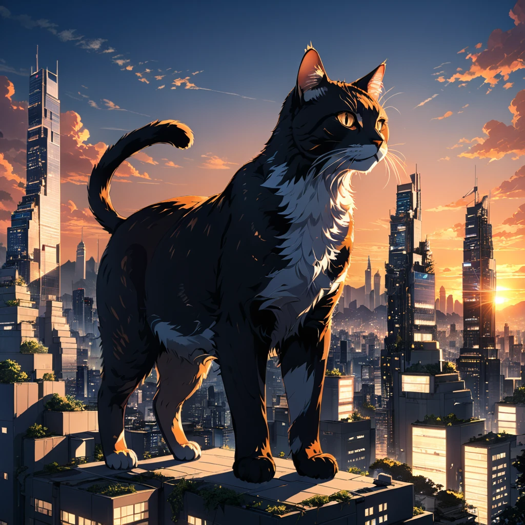 giant cat among tiny skycrapers,perfect anatomy,sunset,anime,8k,ultra-detailed,intricate,cinematic lighting,perfect proportion