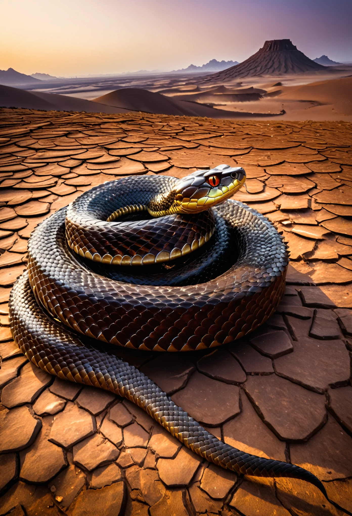 (medium full shot) of (awe-inspiring snake) with muscular body, amber eyes, bronze brown armored scales, venomous fangs, coiling tail, gemstone-studded scales frills, set in  a barren desert wasteland, with cracked earth and the remains of ancient structures, a place of mystery and danger, at dawn, ,Masterpiece,best quality, raw photo, realistic, very aesthetic, dark