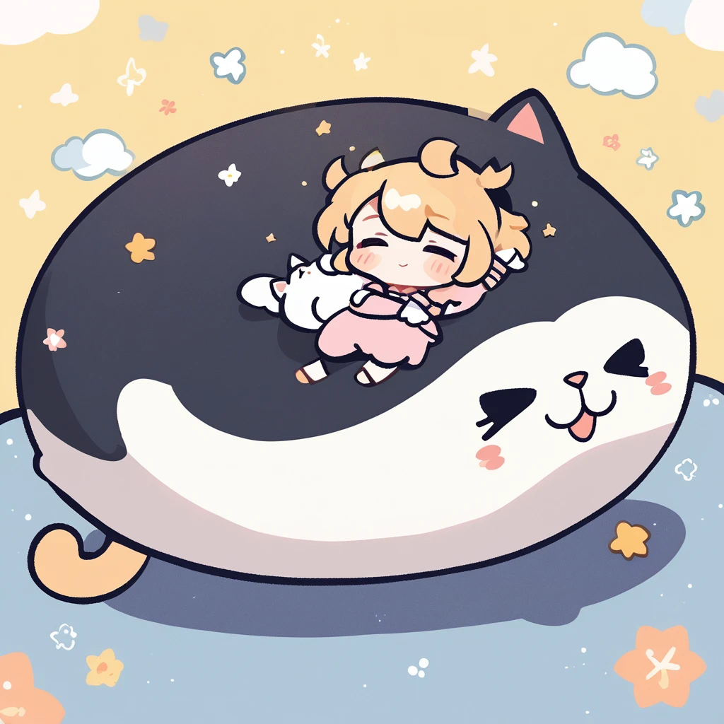 chibi animation style, a  happily lying on the back of a sleeping huge cat