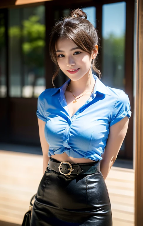 (a tall and pretty EU roman, age28, kind smile, dimpled cheeks, slender abs, short hair, styish bob hair, side bangs, ponytail, ample bosom, wearing pendant or chokeh , korean trendy fashion, white button up shirt, red belt, pencil skirt, Tokyo Tower in background, detailed eyes, double eyelid, best quality, 8k, highres, masterpiece:1.3, realistic, photorealistic:1.37, HDR, UHD, studio lighting, ultra-fine painting, sharp focus, physically-based rendering, extreme detail description, professional, vivid colors, bokeh, cowboy-shot, serenity of night breeze!) 🤤😳👃🏻