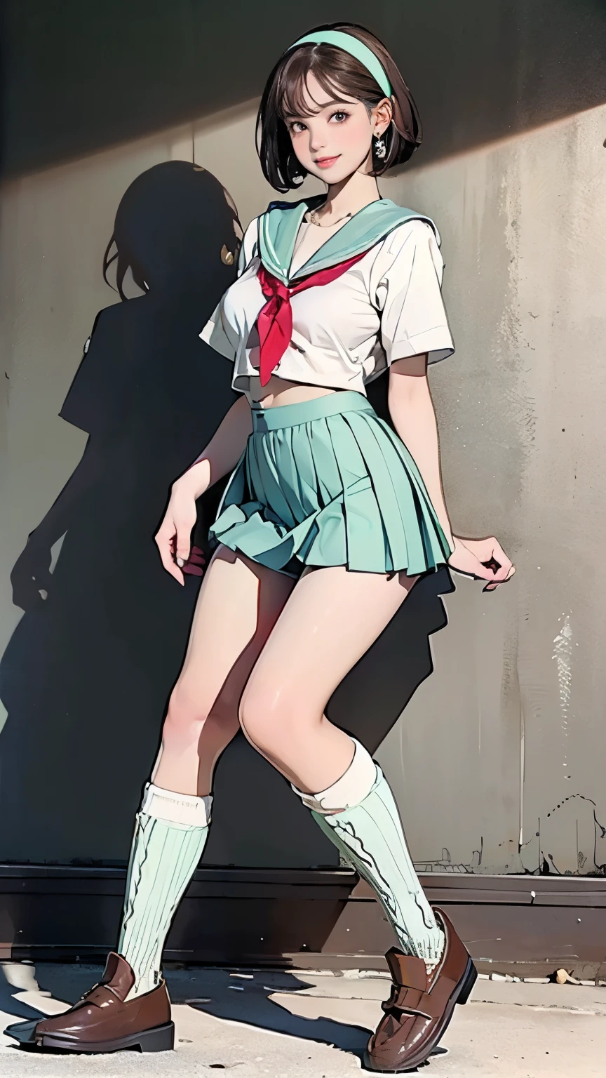 ((((Highest quality))))、(((Ultra-precision CG16K wallpaper)))、(((masterpiece)))、(((Super detailed)))、(((Extreme detail)))、((1Mature 29 year old woman:1.6))、((Very beautiful Japan face of a person))、((Urizane Face:1.8))、((Short bob straight hair:1.6))、(Shiny Hair)、A delicately drawn beautiful face、(Dark Eyes、Reflected light from the eye)、double eyelid、High nose、Small nostrils、Small Mouth、Seductive lips、Beautiful breasts、((B cup size breasts))、Cleavage、A small vertical belly button、Delicate nails、Beautiful feet、((Thin thighs))、eight-headed body、Perfect proportions、Perfect Anatomy、Perfect composition、Beautiful detailed shading、Beautiful, natural lighting、Beautiful detail glow、Depth of written boundary、(((High chroma)))、(((Real:1.9)))、((vivid:1.5))、((Beautiful Skin))、((Skin Texture))、((Realな皮膚感))、(((Full body shot:1.6)))、(((front view、shoot from front、front low angle:1.6)))、(((smile:1.6)))、(((looking at camera:1.6)))、Bright daylight、Natural light、(((background_White Wall:1.3)))、(Standing pose:1.6)、(((High school girl sailor suit&Mint green low rise pleated mini skirt:1.6)))、((hair band、necklace、Wearing earrings:1.5))、((Knee-high socks、Loafers:1.6))、