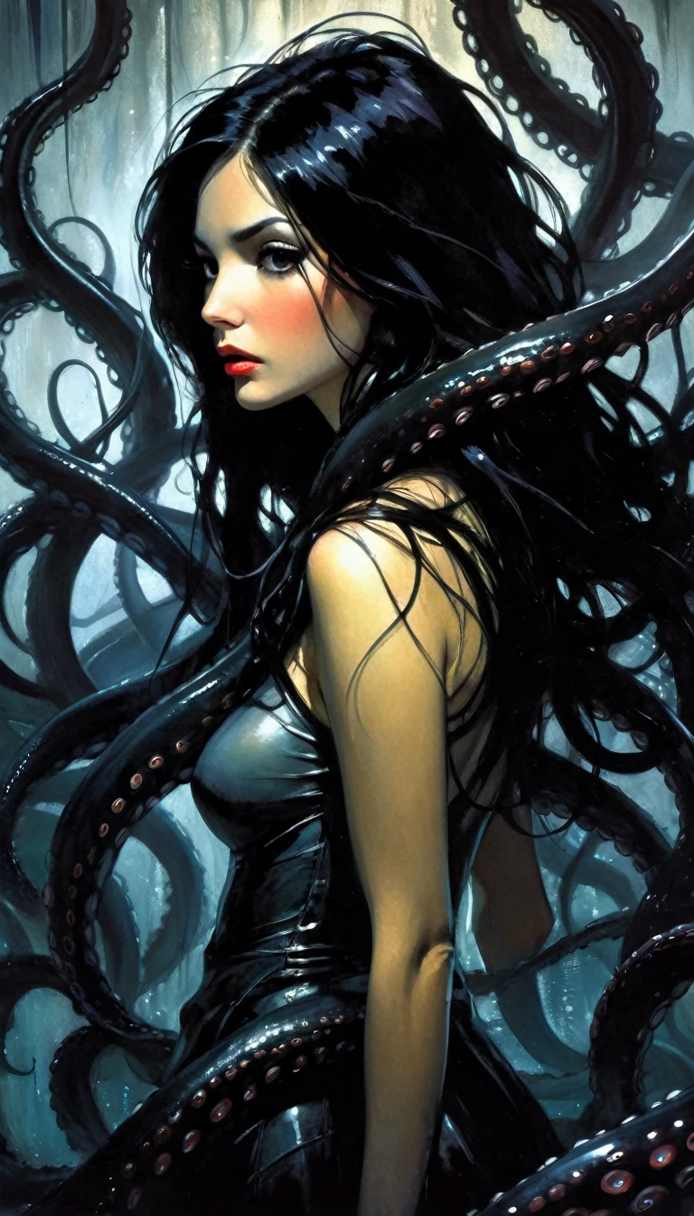 very sexy long black hair girl, embraced by many giant tentacles, tentacles wrap around her,oil painting, chiaroscuro, sensual, dramatic lighting, moody atmosphere, photorealistic, intricate details, masterpiece, ultra-detailed, high quality, 8k, best quality, realistic, cinematic, dark and brooding, expressionistic, powerful composition, emotional impact, Bill Sienkiewicz inspired art