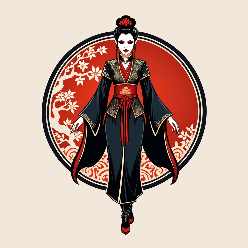 female vampire in chinese folk outfit, vector graphics, strong contours, logo design