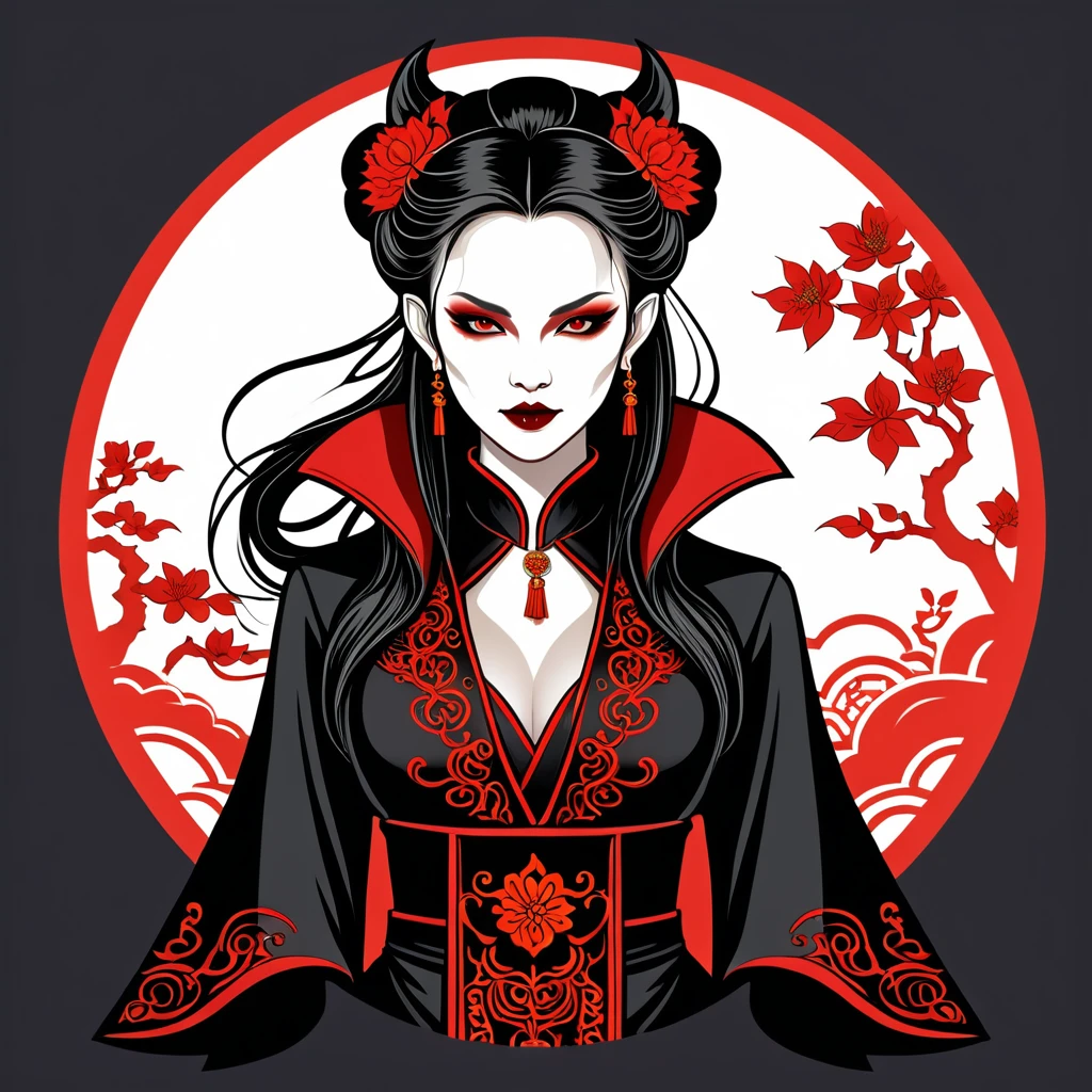 female vampire in chinese folk outfit, vector graphics, strong contours, logo design
