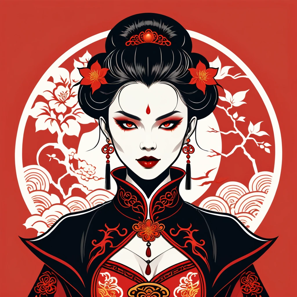 female vampire in chinese folk outfit, vector graphics, strong contours, logo design