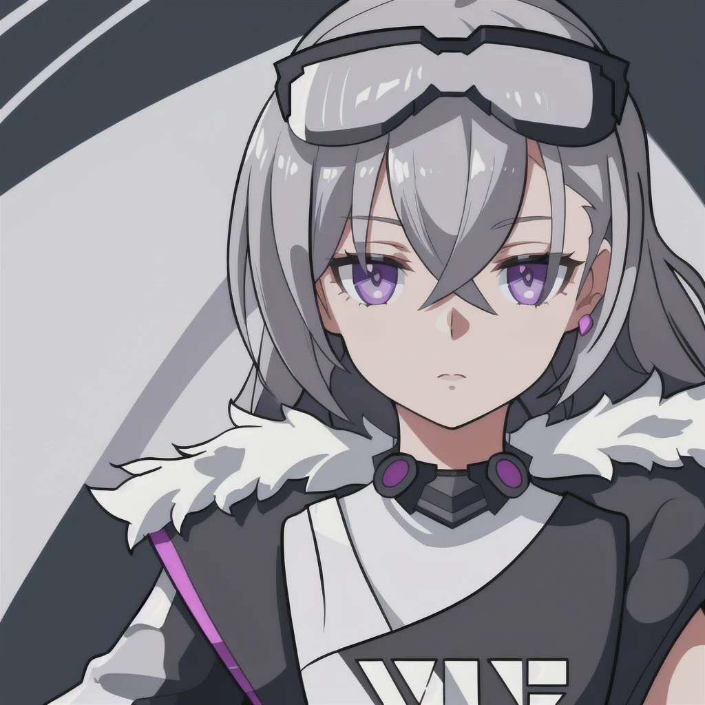 anime girl, grey hair, black eyes, blueish purple jacket, white fur, silver wolf, white shirt, 1girl, masterpiece, (beautiful and aesthetic:1. 5), thick black lineart, clean lineart, perfect lineart, variable lineart, clean anime outlines, intense line art, bold lineart, sharp lineart, best quality, high quality, best quality, ultra-detailed, colourful, saturated colours, dynamic lighting, HD,