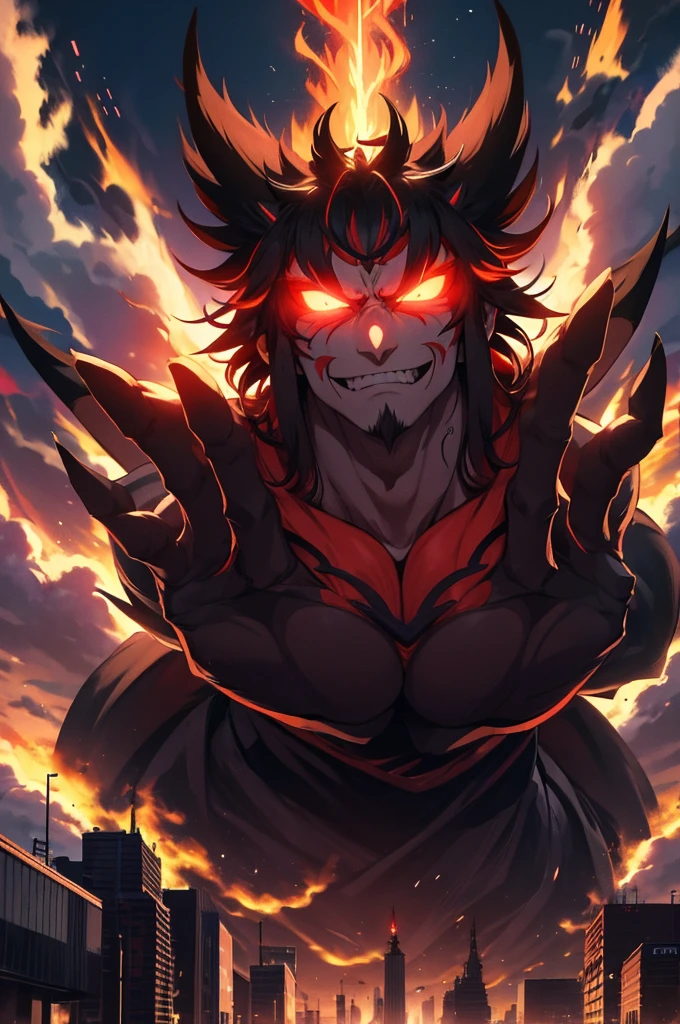 kenjaku,jjk sorcerer, GtsGiga, Gtscity, Rampage,evil,uncaring,pissed off, red aura,hands held tiward,psychotic smile,ready to crash out,Red Engery Ball,cityscape,muscular,black trenhcoat,Looming,twintails, domain expansion