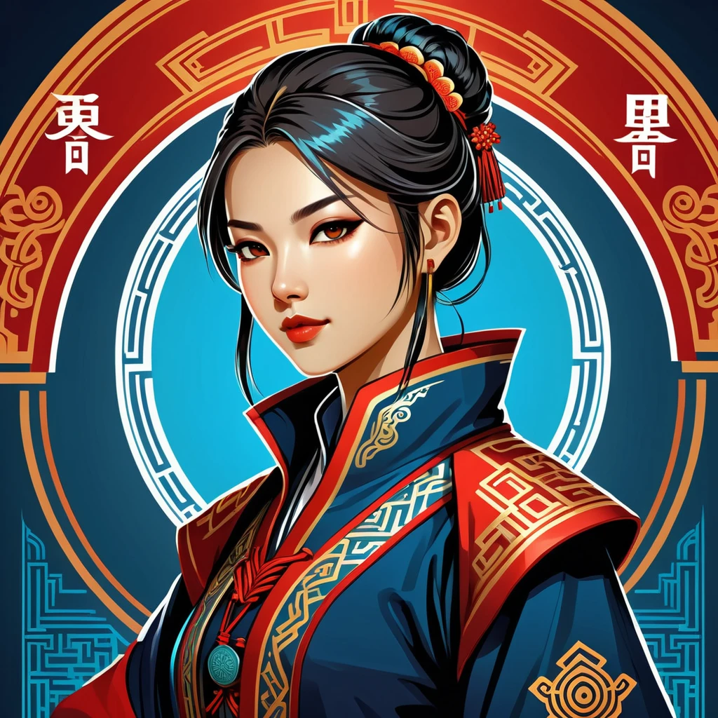 female netrunner in chinese folk outfit, vector graphics, strong contours, logo design

