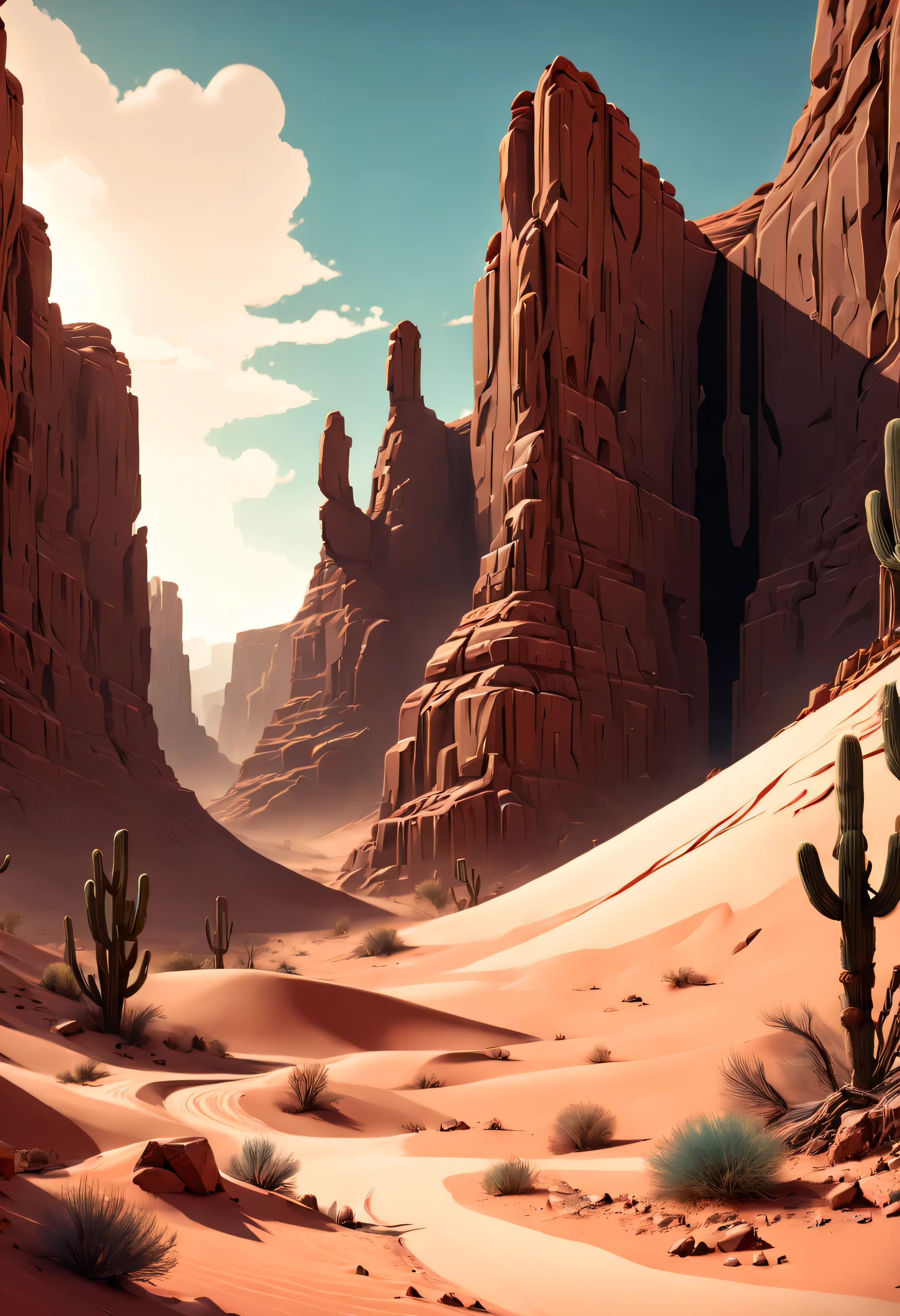 comic vintage retro style, Desert Canyon, octane rendering, Intricate, (best qualityer, work of art, Representative work, offcial art, proffesional, unity wallpaper 8k)