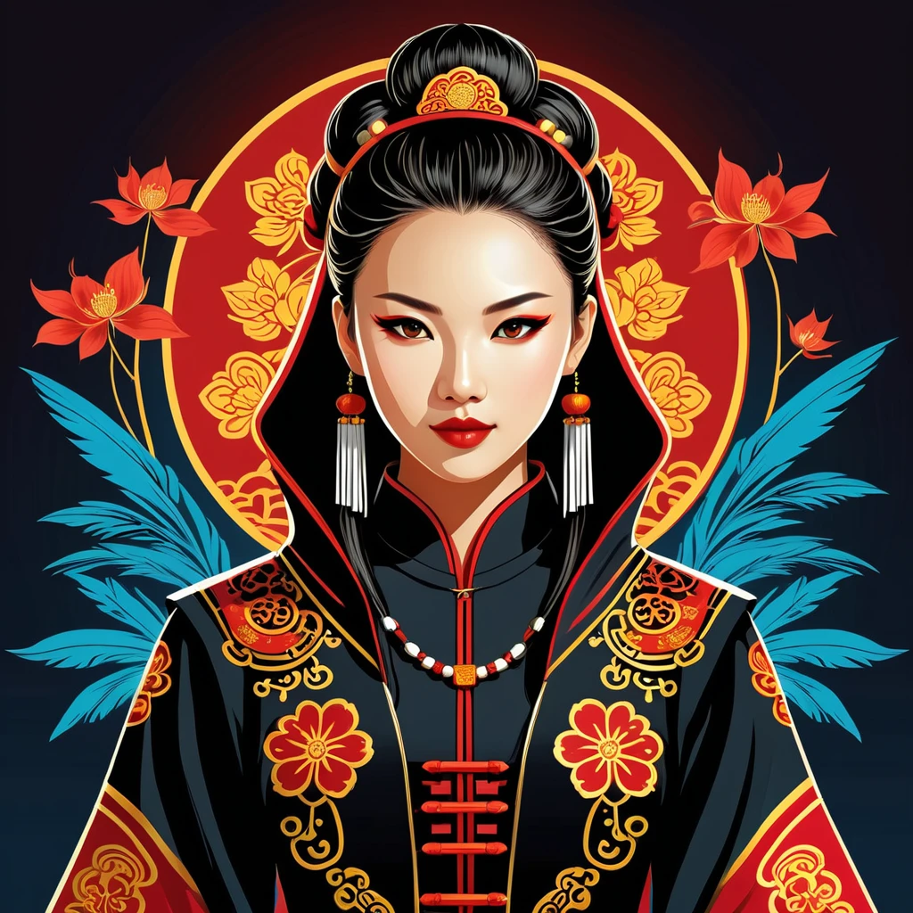 female hacker in chinese folk outfit, vector graphics, strong contours, logo design