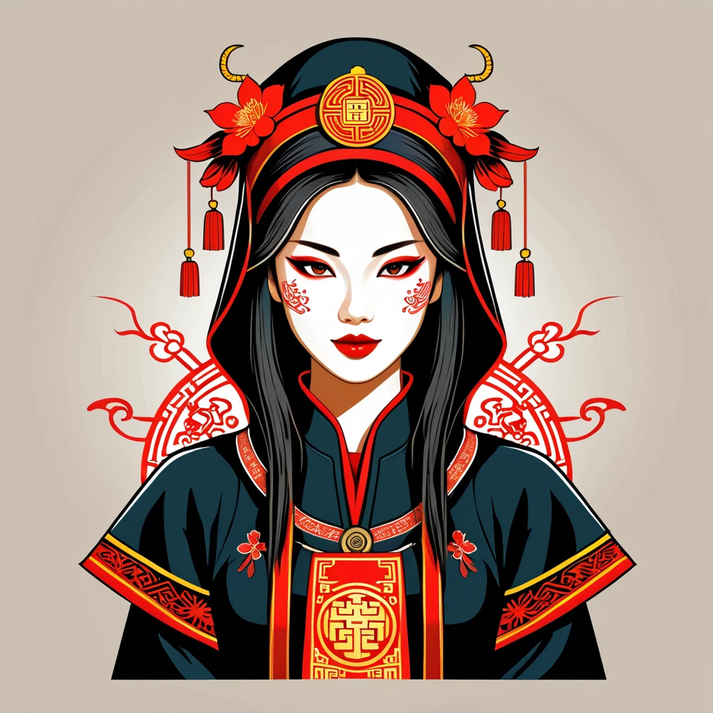 female hacker in chinese folk outfit, vector graphics, strong contours, logo design