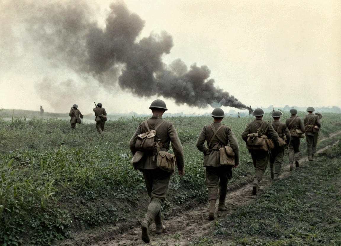 Soldiers standing in a field,Smoke in the background, World War I照片, World War I照片, 用World War II相机拍摄, war photos, World War II, Battlefield scene, Battlefield Background, 对抗 World War I, World War II摄影, World War II摄影, Soldiers come under heavy fire, war photosgraph, On the war zone, war photosgraphy, World War I