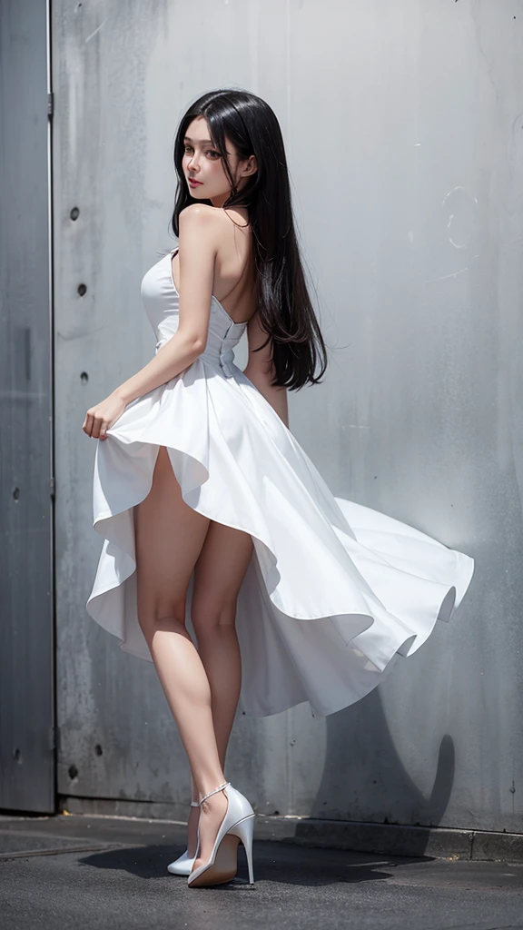 **Beautiful woman with a beautiful face, straight black hair and brown eyes, wears white dress and white Highheels, body shot, photorealistic