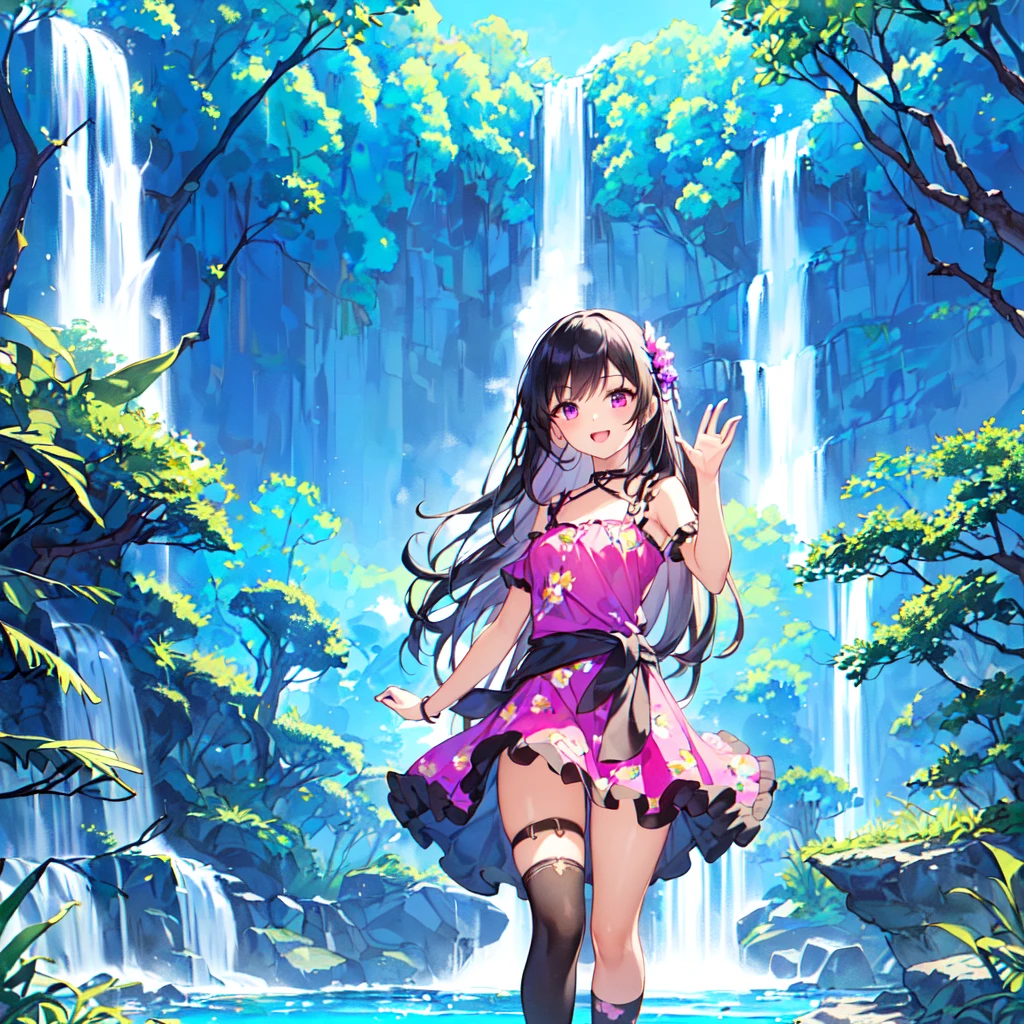 masterpiece, best quality, high quality, extremely detailed, very delicate and beautiful, (1 female 18 years old solo:1.5), (long black hair up to waist with two side up:1.5), bangs to eyebrows, eyes (eyes sharp, strong, glossy, glossy eyebrows), (eye color magenta:1.3), 6.5 head height, (bikini swimsuit summer flower print:1.3), ruffled, (smiling), (standing:1.3), (dynamic pose), (background waterfall forest:1.3) ,(Blue Sky:1.3)