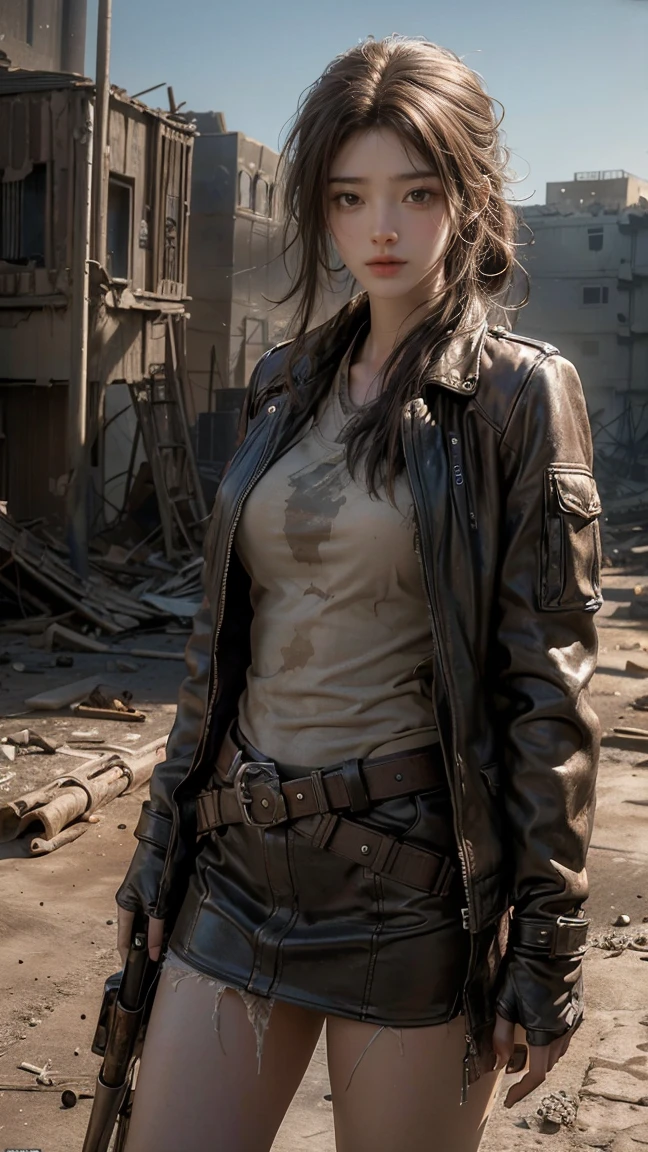 ((masterpiece, highest quality, Highest image quality, High resolution, photorealistic, Raw photo, 8K)), ((Extremely detailed CG unified 8k wallpaper)), Post-Apocalyptic Wasteland, The world of Mad Max, she wears a leather jacket over his bare skin and holds a shotgun, adderskin eye patch, Collapsed buildings are being swallowed by the desert, Ruins hazed with dust and sand,