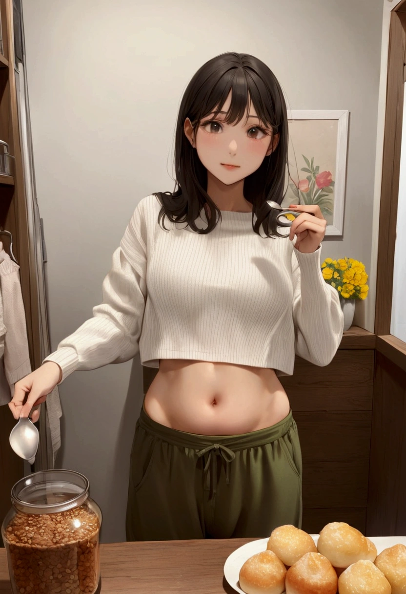 Arabian woman in white sweater and green pants holding a spoon, Narrow waistと太いヒップ, Her belly button is exposed, thick, Narrow waist, Cottagecore!! Fitness Body, Small waist, Chiho, Narrow waist, Showing your belly button, Slim girl photos, Cute Core, beautiful abdomen, The smallest abdomen ever、Grasp your abdomen with your fingers