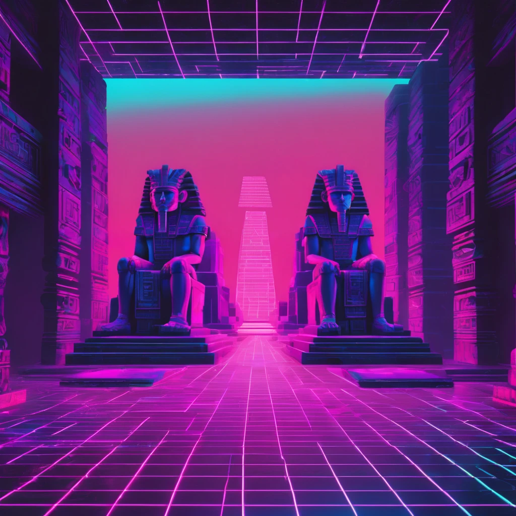 Create a digital artwork for a website background that seamlessly blends Vaporwave, Cyberpunk, and pre-Hispanic aesthetics. The scene should feature detailed Aztec monoliths, sculptures, and pyramids placed in a retro-futuristic environment. The floor should have a neon-glowing grid pattern, typical of Vaporwave, with the neon lights primarily using the brand's primary color #39E600 (bright green). The background should mix dark, rainy, urban landscapes with vibrant neon lights, reflecting a Cyberpunk vibe. Incorporate the brand colors prominently, with the primary color being #39E600 (bright green) and the secondary color #E600C3 (vivid magenta). Ensure the green is the most prominent color, followed by magenta. Include VHS glitches and digital distortions to add a retro aesthetic. The Aztec monoliths, sculptures, and pyramids should exude an ancient, mystical aura, with patterns and symbols inspired by the pre-Hispanic era. Additionally, incorporate elements like ancient Aztec symbols and motifs throughout the design. The overall feel should seamlessly blend the ancient history of America with futuristic digital aesthetics, creating a unique and captivating visual experience