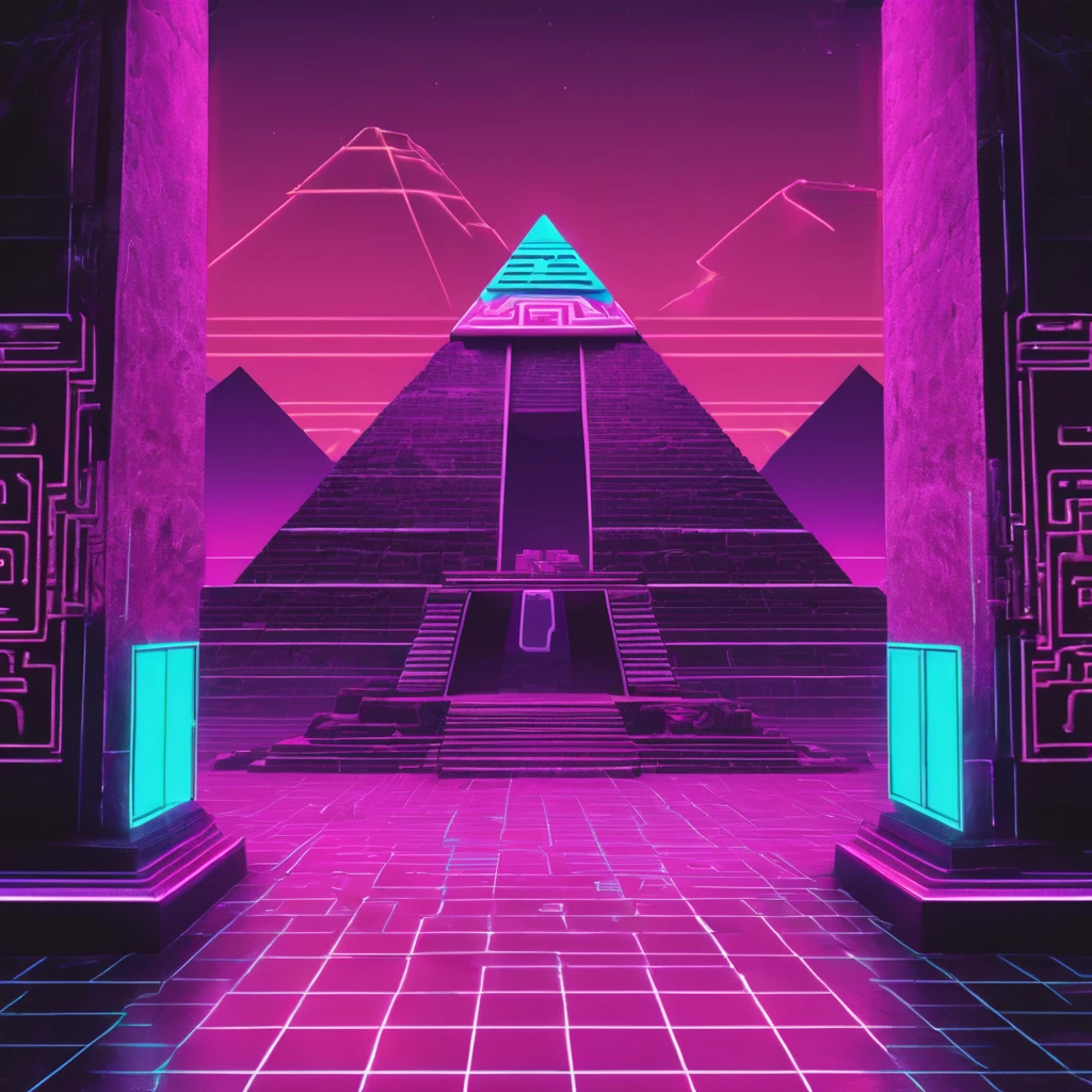 Create a digital artwork for a website background that seamlessly blends Vaporwave, Cyberpunk, and pre-Hispanic aesthetics. The scene should feature detailed Aztec monoliths, sculptures, and pyramids placed in a retro-futuristic environment. The floor should have a neon-glowing grid pattern, typical of Vaporwave, with the neon lights primarily using the brand's primary color #39E600 (bright green). The background should mix dark, rainy, urban landscapes with vibrant neon lights, reflecting a Cyberpunk vibe. Incorporate the brand colors prominently, with the primary color being #39E600 (bright green) and the secondary color #E600C3 (vivid magenta). Ensure the green is the most prominent color, followed by magenta. Include VHS glitches and digital distortions to add a retro aesthetic. The Aztec monoliths, sculptures, and pyramids should exude an ancient, mystical aura, with patterns and symbols inspired by the pre-Hispanic era. Additionally, incorporate elements like ancient Aztec symbols and motifs throughout the design. The overall feel should seamlessly blend the ancient history of America with futuristic digital aesthetics, creating a unique and captivating visual experience