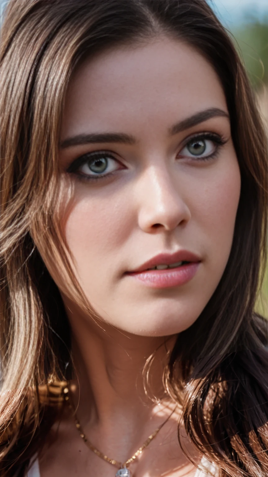 Raw-Photo, 27 year old girl, (1 girl), (Realistic), (photo-Realistic:1.5), pomade, (freckles:0.5), (long hair), necklace, (Raw-Photo, 8K uhd, granularity), Sharp eyeliner, Blush for eyes with thick eyelashes, Very gentle and beautiful, 8K, Soft lighting, high quality, A high resolution, sharp focus, extremely detailed, during the day, (sunlight on the face), beautiful detailed eyes, extremely detailed eyes and face, Masterpiece, cinematic lighting, (Highly detailed skin:1.2), 8K uhd, SLR camera, Soft lighting, high quality, granularity,
