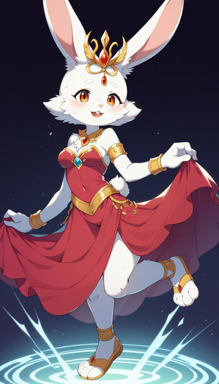 ((Masterpiece)), ((Best Quality)), (Very Detailed), ((Very Detailed)), 4K, (8K), very aesthetic, absurdres highres, 1 girl, (anthropomorphic Rabbit, furry, kemono:1.5), A passionate flamenco dancer in a red dress dances dynamically on the stage, sweating. A strong spotlight shines on the dark background, revealing the silhouettes of the audience. Warm colors and dramatic shadows enhance the dancer's power and tension. The hem of the dress is fluttering and the dancers' expressions are full of concentration and passion