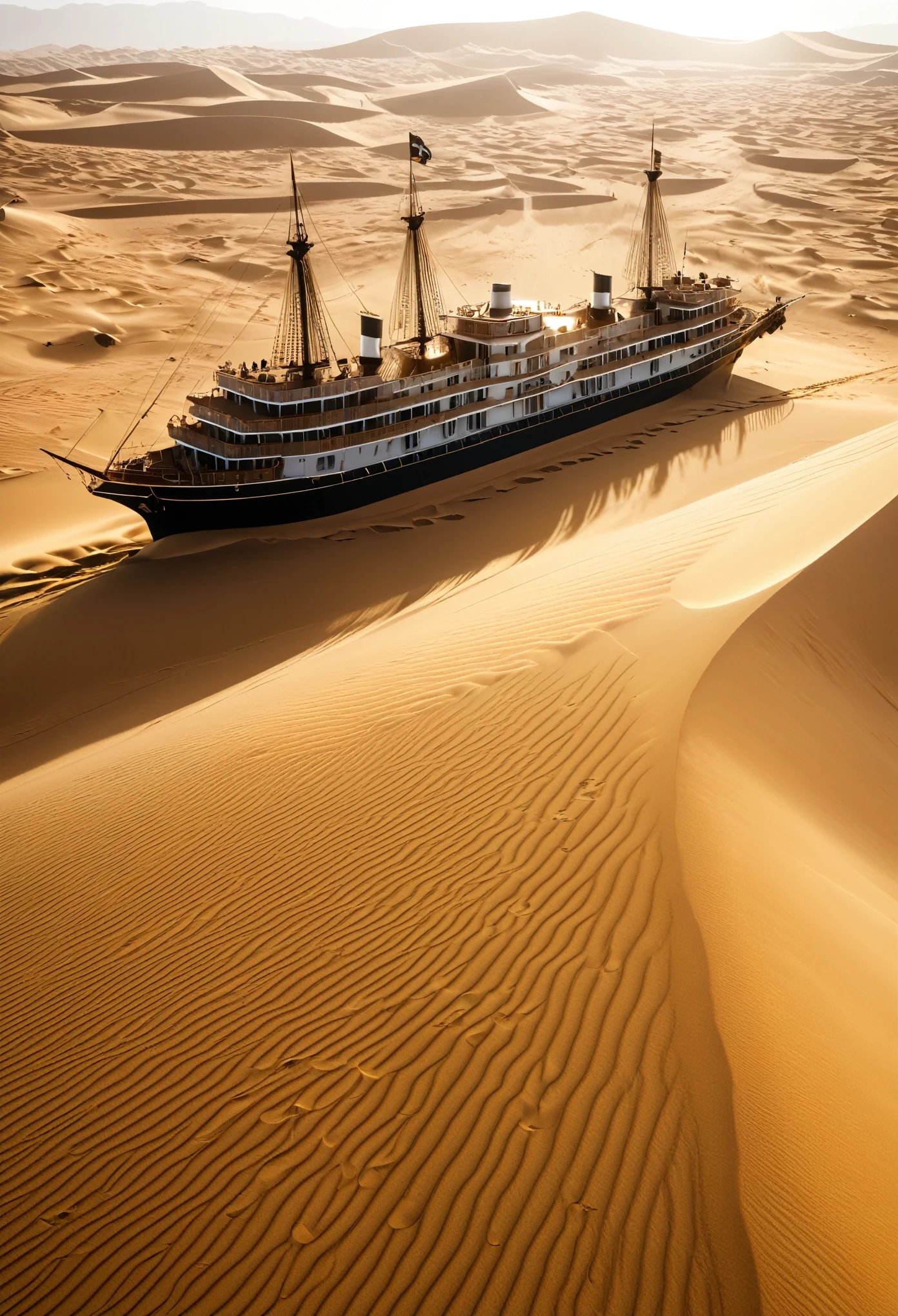 high quality, 8K Ultra HD, highly realistic, The ship is moving forward, creating waves in the sandy sea, Sand flies up after the ship moves, Embark on an enchanting 8K photorealistic journey as a magnificent sandship sails across a boundless sea of desert dunes, The ship gracefully glides atop the rippling sands, leaving a trail of golden dust in its wake, The setting sun casts a warm, ethereal glow over the vast desert landscape, infusing the scene with a sense of magical wonder, The sandship's design boasts intricate steampunk-inspired elements, blending seamlessly with the desert's natural beauty, The camera captures every minute detail, from the ship's sails billowing in the breeze to the delicate patterns etched into the sand, by VelvetS, octane render, Isometric,
DonM3t3rn1tyXL,
OverallDetailXL