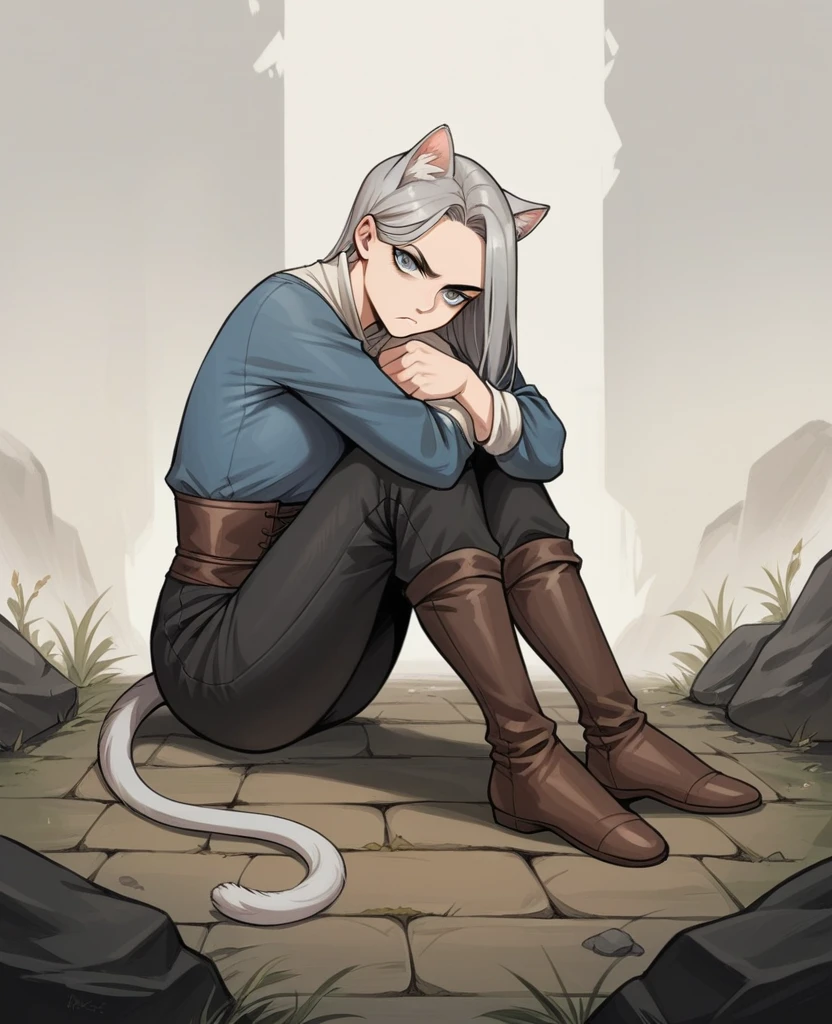 digital anime style, dark gray haired middle aged woman, with tail and cat ear, grey eyes, sorrowful look, serious and cold facial expression, wearing simple medieval rompers, simple medieval long sleeve blouse, simple black medieval pants, shoes half vouchers, sitting on the floor, back leaning against a rock, hugging his knees, arms covering his legs