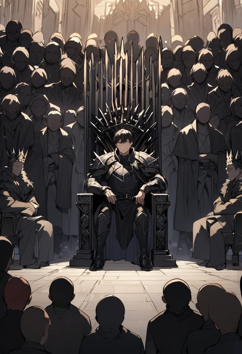 Faceless male king in a throne, short black hair, black crown, dark clothes, iron throne, people around the throne looking for him