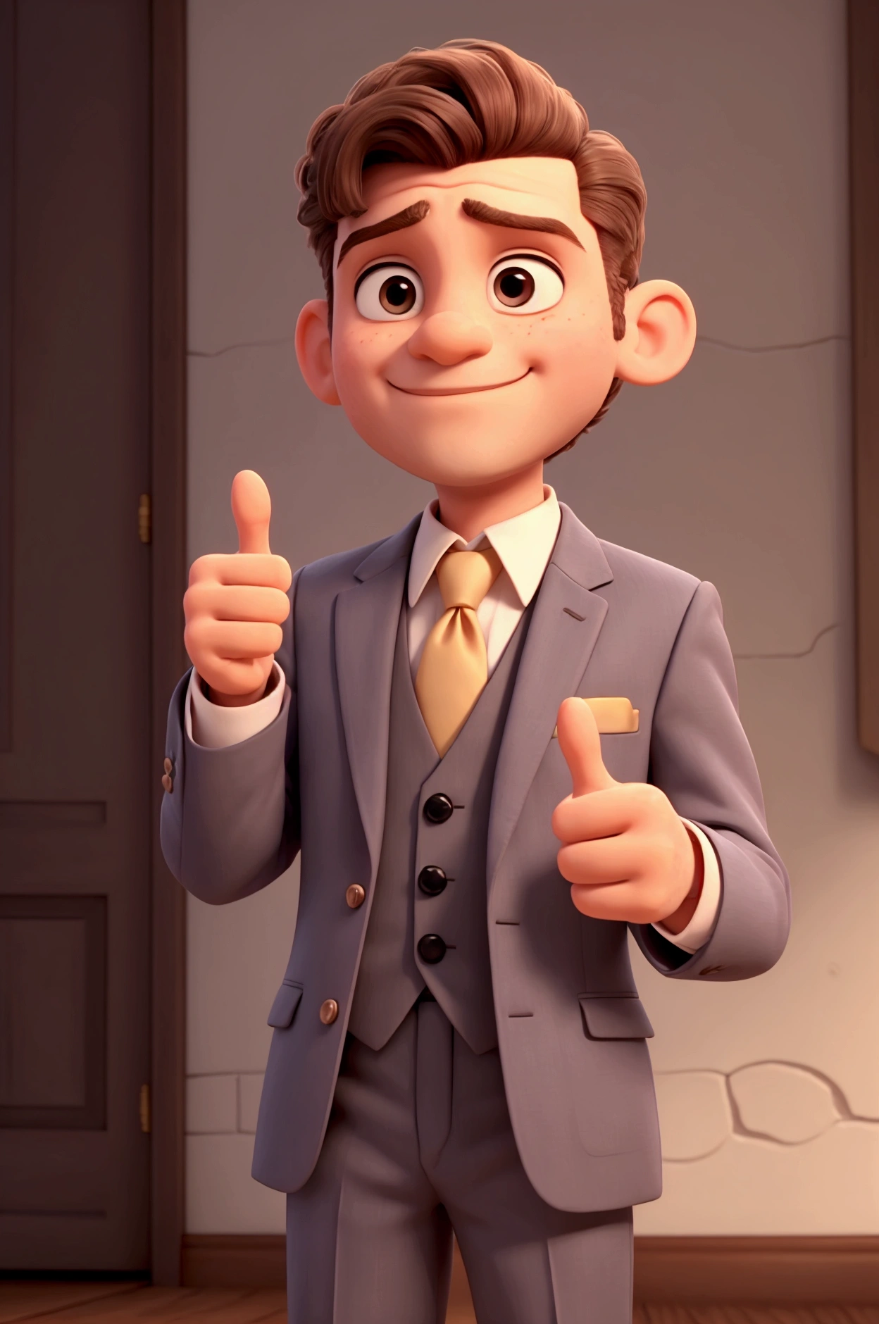man with little hair and no beard dressed in a suit giving a thumbs up sign with his right hand