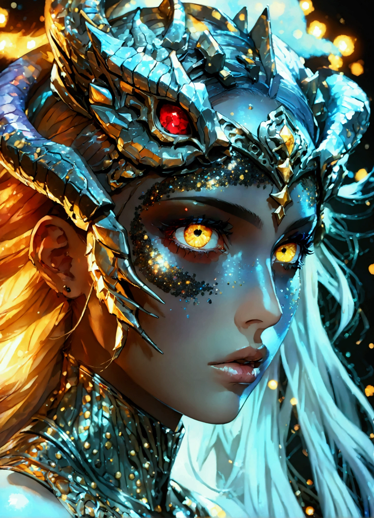 PORTRAIT, only face portrait, macro, a happy FACE black demon girls next to a black snake portrait, carvings and tattoo and markings on the face, mouth closed teeth out, scarface red skin with light and glitter, long gold hair with red skulls on hair, shiny and lightening eyes with one eye closed, cosmos eyes, next to a black snake, highly detailed fur (vectorized) yellow lightening eyes, detailed skin, image is compelling with dynamic composition and dark posing. Include many fantasy details such as bumps, phantasmal iridescence, glitter, galaxy, cosmos, fire, ((dark celestialskin hell body, void cosmic body)), (((dark background))), (((lights off))), (((hollywood dark))), horror, dramatic shadows, (in a dark fantasy space:1.3, glitter, sparkle, gleam) vector digital illustration, (black background:1.5)sharp