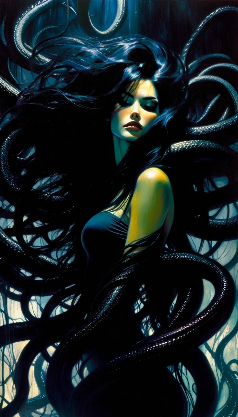 very sexy long black hair girl, embraced by many giant tentacles, tentacles wrap around her,oil painting, chiaroscuro, sensual, dramatic lighting, moody atmosphere, photorealistic, intricate details, masterpiece, ultra-detailed, high quality, 8k, best quality, realistic, cinematic, dark and brooding, expressionistic, powerful composition, emotional impact, Bill Sienkiewicz inspired art