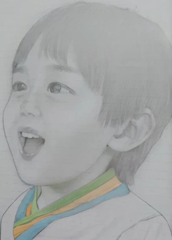 Realistic color photography style、Smiling emphasizes nasolabial folds. Make the chin a little thinner and accentuate the nasolabial folds.、I want it to look more like a color photograph...........。3 year old boy, Xu々To、Clearly visible、Emphasizes deep nasolabial folds from nose to mouth、Generate left and right dimples、Show me your beautiful smile.。Make your eyes look cute with double eyelids.