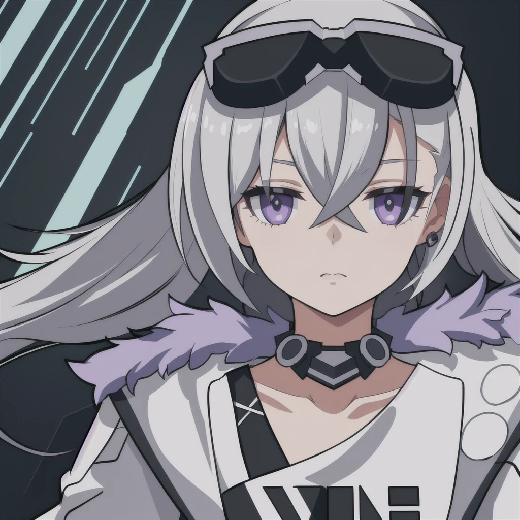 anime girl, grey hair, black eyes, blueish purple jacket, white fur, silver wolf, white shirt, 1girl, masterpiece, (beautiful and aesthetic:1. 5), thick black lineart, clean lineart, perfect lineart, variable lineart, clean anime outlines, intense line art, bold lineart, sharp lineart, best quality, high quality, best quality, ultra-detailed, colourful, saturated colours, dynamic lighting, HD,