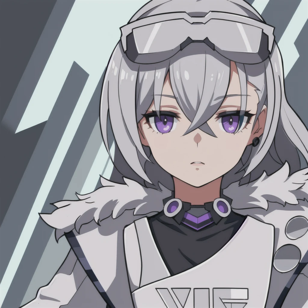 anime girl, grey hair, black eyes, blueish purple jacket, white fur, silver wolf, white shirt, 1girl, masterpiece, (beautiful and aesthetic:1. 5), thick black lineart, clean lineart, perfect lineart, variable lineart, clean anime outlines, intense line art, bold lineart, sharp lineart, best quality, high quality, best quality, ultra-detailed, colourful, saturated colours, dynamic lighting, HD,