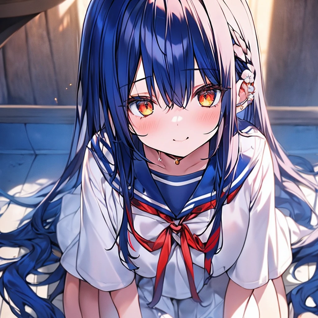 masutepiece++, Best Quality++, ultra-definition++, ultra-definition++, rey tracing, 4K or more++, 8K or more++, Slight details, (Background Focus )++,Young woman with golden laurel wreath, (((Ultramarine hair))), (((White dip dyed hair))), (((red streaked hair))),sailor,Sailor collar,White shirt, skirt by the,anchor,