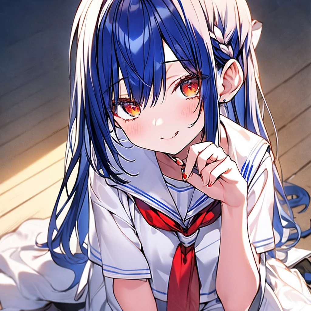masutepiece++, Best Quality++, ultra-definition++, ultra-definition++, rey tracing, 4K or more++, 8K or more++, Slight details, (Background Focus )++,Young woman with golden laurel wreath, (((Ultramarine hair))), (((White dip dyed hair))), (((red streaked hair))),sailor,Sailor collar,White shirt, skirt by the,anchor,