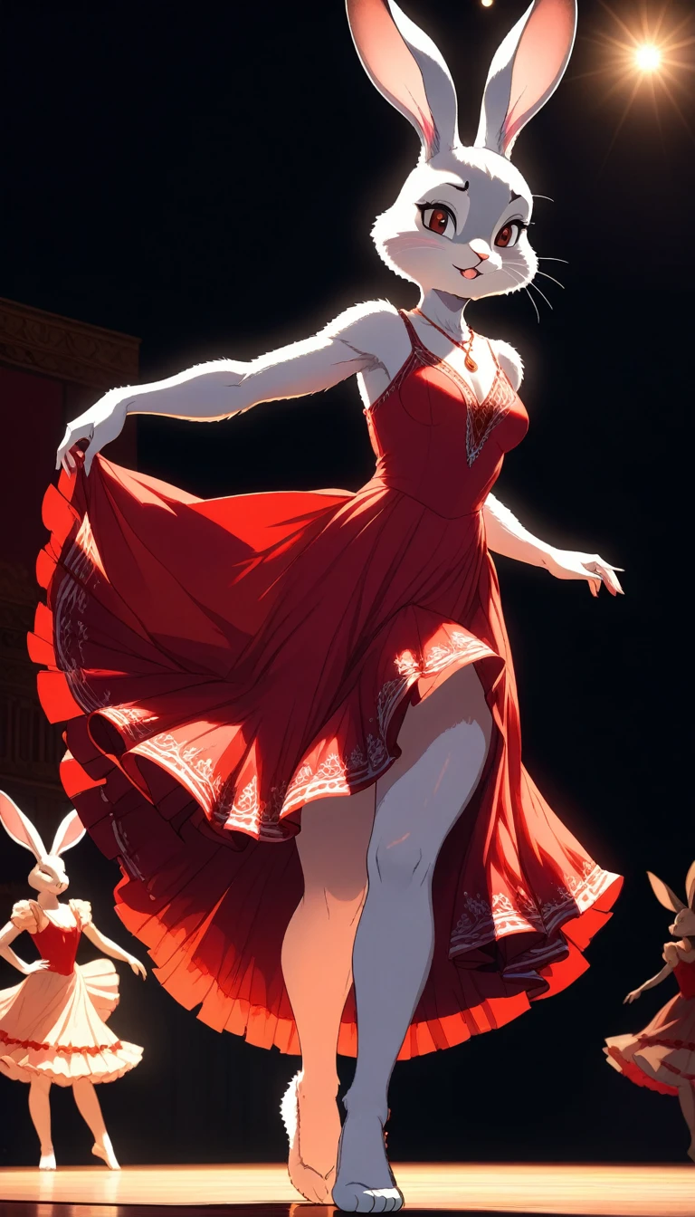 ((Masterpiece)), ((Best Quality)), (Very Detailed), ((Very Detailed)), 4K, (8K), very aesthetic, absurdres highres, 1 girl, (anthropomorphic Rabbit, furry, kemono:1.5), A passionate flamenco dancer in a red dress dances dynamically on the stage, sweating. A strong spotlight shines on the dark background, revealing the silhouettes of the audience. Warm colors and dramatic shadows enhance the dancer's power and tension. The hem of the dress is fluttering and the dancers' expressions are full of concentration and passion