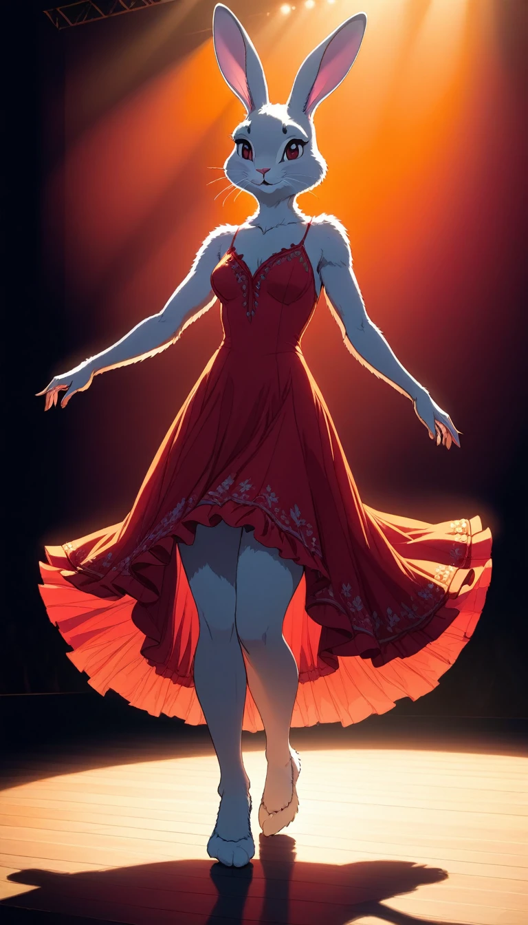 ((Masterpiece)), ((Best Quality)), (Very Detailed), ((Very Detailed)), 4K, (8K), very aesthetic, absurdres highres, 1 girl, (anthropomorphic Rabbit, furry, kemono:1.5), A passionate flamenco dancer in a red dress dances dynamically on the stage, sweating. A strong spotlight shines on the dark background, revealing the silhouettes of the audience. Warm colors and dramatic shadows enhance the dancer's power and tension. The hem of the dress is fluttering and the dancers' expressions are full of concentration and passion