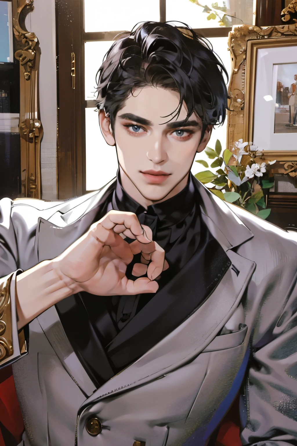 masterpiece, best quality, realistic, 1man, mature male, quiet and charming young man, 18 years old, look serious, closed mouth, portrait, extremely detailed face, soft smile, ((dark grey eyes)), ((short-left-swept dark brunette hair)), [thick eyebrows], dining room ((blue suit))
