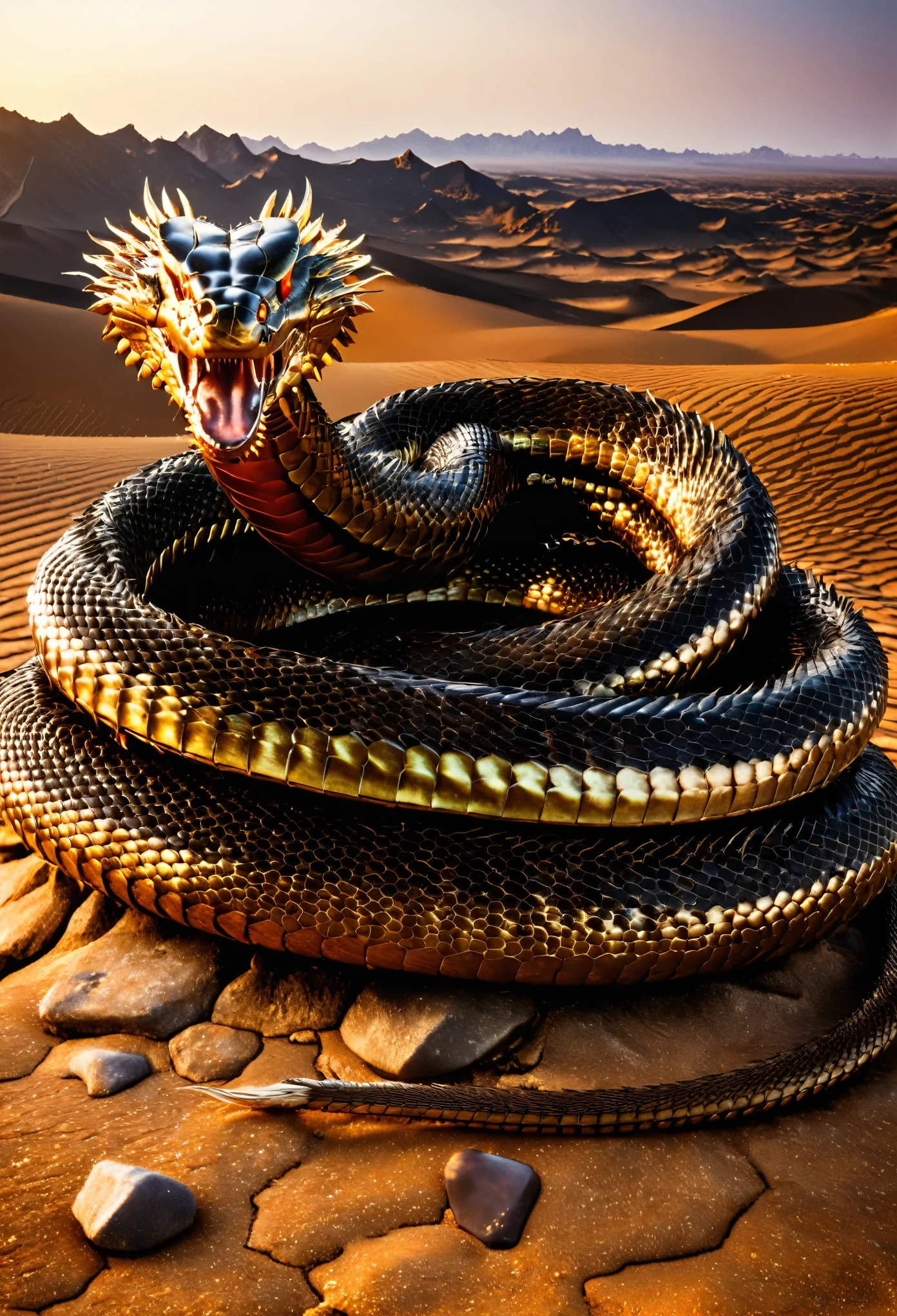 (medium full shot) of (awe-inspiring snake) with muscular body, amber eyes, bronze brown armored scales, venomous fangs, coiling tail, gemstone-studded scales frills, set in a barren desert wasteland, with cracked earth and the remains of ancient structures, a place of mystery and danger, at dawn, ,Masterpiece,best quality, raw photo, realistic, very aesthetic, dark