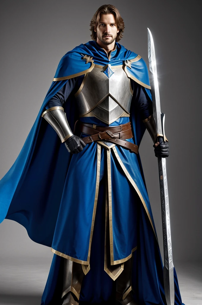 A tall paladin with an ax and blue cape
