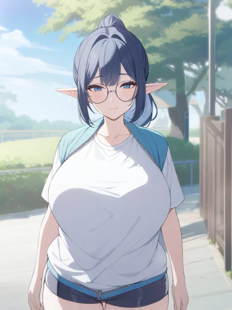 masterpiece, best quality, high quality, beautiful anime character, solo, anime girl with dark blue hair, messy hair, medium length hair, huge ponytail, ponytail, blue eyes, elf ears, big breasts, mature female, tall female, big girl, thick, (calming face, blush, light smile, loving eyes), outdoors, (white tank top, unzipped jacket, hotpants), standing, slim thick, short medium hair, short sleeves, round glasses, legs, 